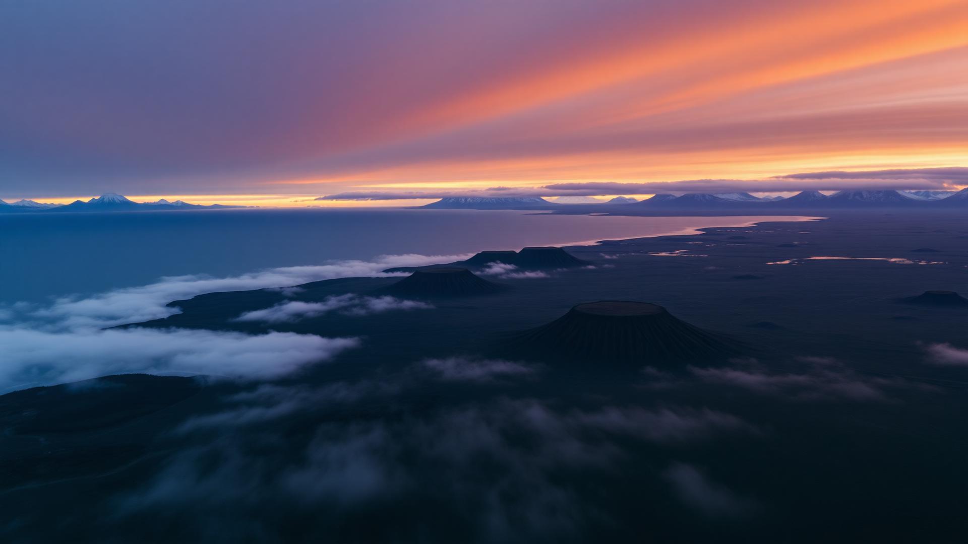 Aerial view of Cold Bay, Alaska with volcanoes and tundra at sunset